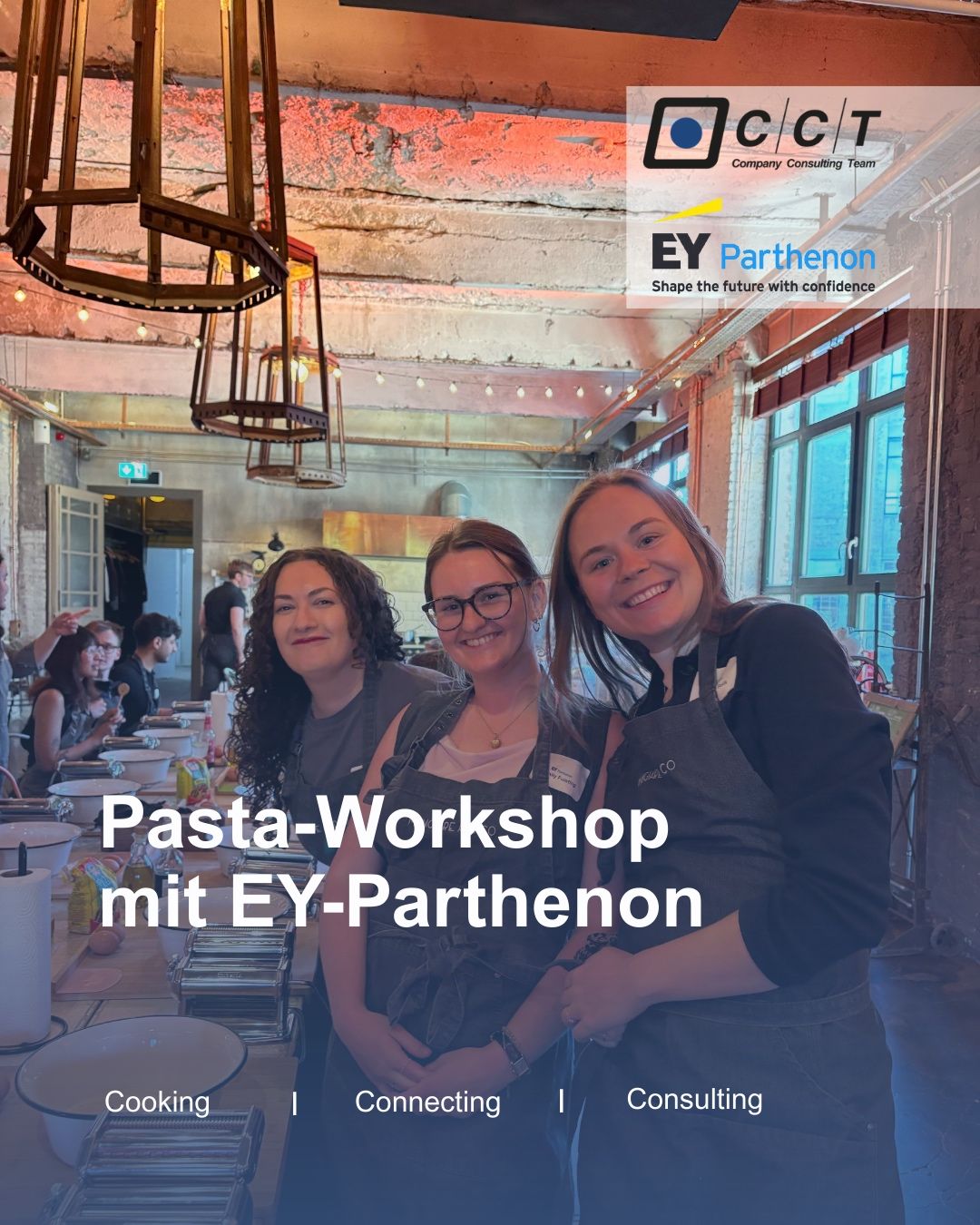 Strategie trifft Pasta bei EY-Parthenon:
Im Rahmen eines exklusiven Workshops erhielten unsere Mitglieder spannende Einblicke in die Strategie- und Transaktionsberatung. Den Auftakt bildete eine Panel-Diskussion mit Berater:innen, die authentische Einblicke in Karrierewege, den Beratungsalltag und die Unternehmenskultur bot. Im Anschluss folgte ein gemeinsamer Pasta-Workshop, der in entspannter Atmosphäre Gelegenheit zum persönlichen Austausch und vertiefenden Gesprächen ermöglichte.