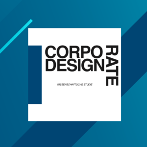 Blauer Hintergrund mit der Schrift "Corporate Design Rate"
